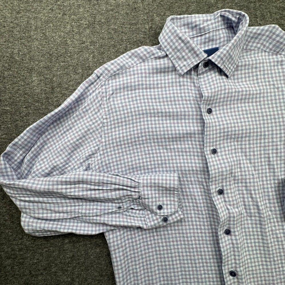 David Donahue Shirt Fusion Sz M 15.5 Blue Pink Gingham Plaid Button Up Linen